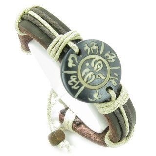 Amulet Genuine Leather Adjustable Bracelet with All Seeing Eye of Buddha and OM Mantra Symbol Natural Bone Lucky Charm Strand Bracelets Jewelry