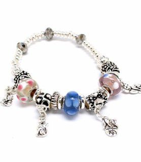 Cat Charm Stretch Bracelet Kitty BR Murano Glass Bead Pink Blue Silver Tone Jewelry