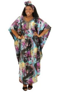 Shimmering Flower Print Caftan Kaftan Dress with Matching Headwrap   Available in Several Color Combinations (Turquoise Yellow)