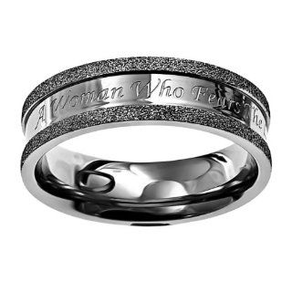 Christian Womens Stainless Steel Abstinence Silver Champagne Woman of God Chastity Ring for Girls   "A Woman Who Fears The Lord, She Shall Be Praised" Proverbs 31   Girls Purity Ring Jewelry