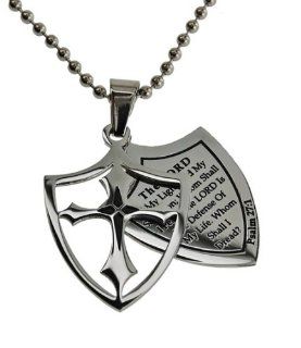 Christian Mens Stainless Steel Abstinence 2 Piece Shield "The Lord Is My Light and My Salvation. Whom Shall I Fear? The Lord Is the Defense of My Life. Whom Shall I Dread?" Psalm 271 Purity Necklace on a 24" Ball Chain for Boys   Guys Purit
