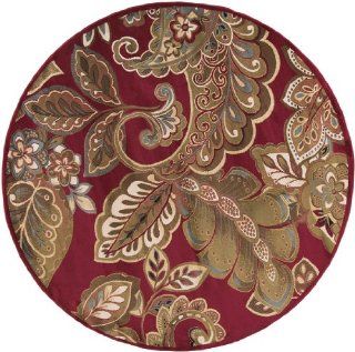 8' Paisley Garden Burgundy and Tan Shed Free Round Area Throw Rug   Machine Made Rugs