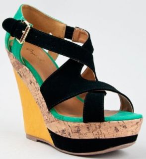 Qupid FINDER 52 Colorblock Strappy Wedge Heel Sandal Shoes