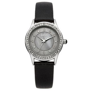 Oasis Ladies black leather strap watch with mop/silver stone set dial