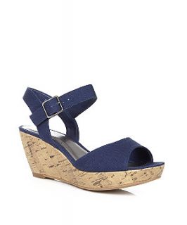 Blue Peeptoe Buckle Low Cork Wedges