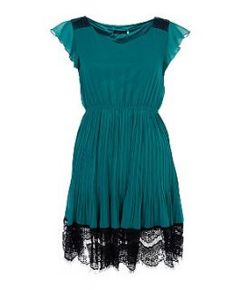 Tenki Green and Black Chiffon Lace Trim Dress