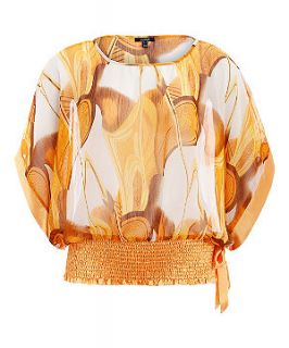 Samya Orange and White Abstract Shirred Hem Kimono Top