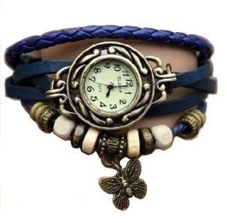 Skatch Blau Schmetterling Armbanduhren Leder Armband Uhren   WICKELN herum   Quarz Art Vintage Retro  Damenuhr Uhren