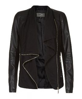 Black Jersey Front Waterfall Leather Look Jacket