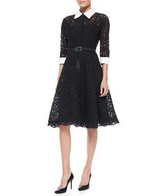 Rickie Freeman for Teri Jon 3/4 Sleeve Lace Cocktail Shirtdress with Embellished Buckle Belt