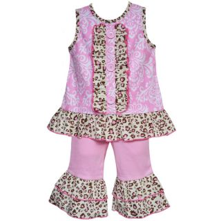 AnnLoren Boutique Girls Pink Damask and Leopard Tunic with Capris (2