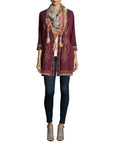 JWLA for Johnny Was Sophie Embroidered Long Coat & Retro Feather Silk Tassel Scarf