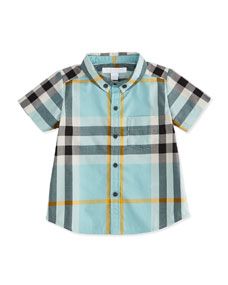 Burberry Short Sleeve Check Poplin Shirt, Pale Cyan Green, Boys Sizes 3M 3Y