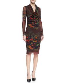 Jean Paul Gaultier Long Sleeve Cowl Neck Floral Print Dress, Brown/Multi