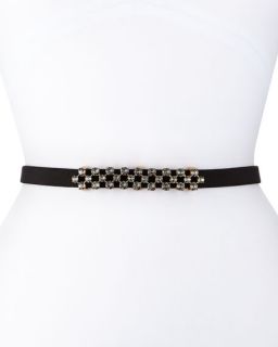 Oscar de la Renta Thin Stone Grid Silk Faille Belt, Black/Golden