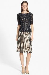 St. John Collection Lace Overlay Print Silk Georgette Dress
