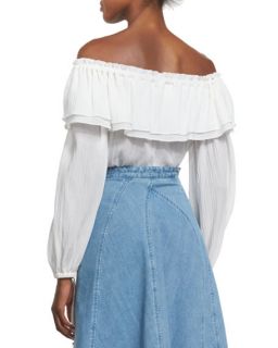Michael Kors Collection Off Shoulder Cotton Peasant Blouse & Seamed Denim Flare Skirt