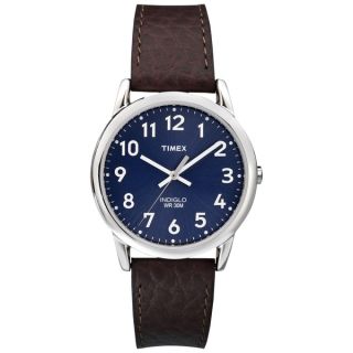 Timex Mens T2P319 Easy Reader Blue/ Silvertone Brown Leather Strap