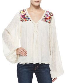 Golden by Jen Rossi Belen Long Sleeve Paradise Embroidered Blouse, Natural