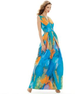 Milly Sleeveless Abstract Print Gown, Teal
