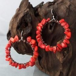 Sterling Silver Copper Wrap Red Coral Hoop Earrings (Thailand