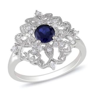 Miadora Sterling Silver Created Sapphire and 1/6ct TDW Diamond Ring (G