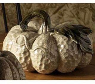 K&K Interiors 7 in. Cream Ceramic Squatted Pumpkin with Green Leaves