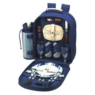 Picnic At Ascot Aegean Picnic Backpack for 2   Solid Blue & Blue Stripe   Picnic Baskets & Coolers