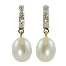 Pearls For You Gold over Silver Pearl and Diamond Earrings (9 10 mm)