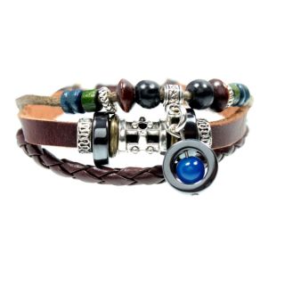 Blue Bead Multi Strand Leather Zen Bracelet with Fully Adjustable