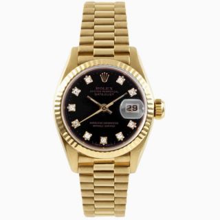 Pre Owned Rolex Womens Gold Datejust with a Black Diamond Dial