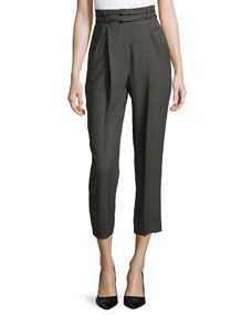 Escada High Waist Pleated Front Cropped Pants, Granite