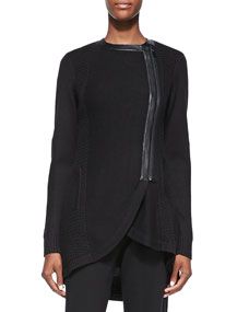 Nanette Lepore Long Leather Trim Sweater Jacket, Black