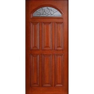 Main Door 36 in. x 80 in. Mahogany Type Prefinished Cherry Beveled Patina Fanlite Glass Solid Wood Front Door Slab SH 553 CH BPT