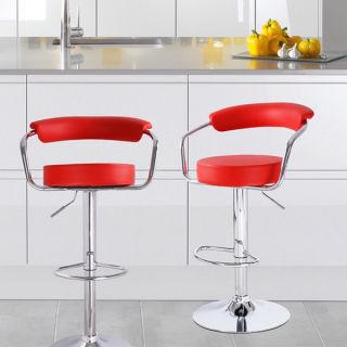 Adeco Red Leatherette Adjustable Barstool Chair, Curved Back, Chrome