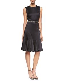 Michael Kors Embroidered Waist Satin Fit and Flare Dress
