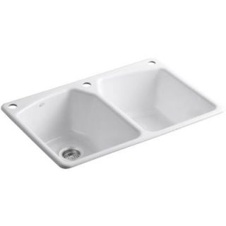 KOHLER Tanager Top Mount Cast Iron 33 in. 3 Hole Double Bowl Kitchen Sink in White K 6491 3 0