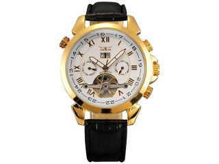 New Aotumatic Mechanical Analog Date & Day Luxury Mens Leather Watch Golden