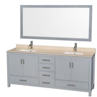 Wyndham Collection Sheffield 80 in. W x 22 in. D Vanity in Gray with Marble Vanity Top in Ivory with White Basins and 70 in. Mirror WCS141480DGYIVUNSM70