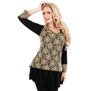Firmiana Womens Plus Size Black and Beige Floral Long Sleeve Top