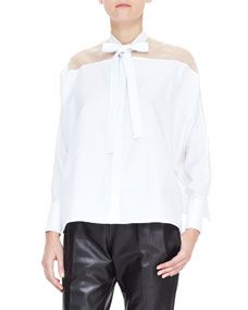 Valentino Sheer Yoke Self Tie Side Slit Blouse, White