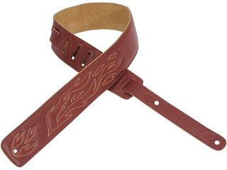 Levy's DM1SGF BRG 2.5" Leather Guitar/Bass Strap w/ Flame  Embroidery   Burgundy