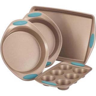 Rachael Ray Cucina Nonstick Bakeware 4 Piece Set, Latte Brown with Agave Blue Handle Grips