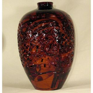 Vintage 12 inch Chinese Red Lacquer Carved Cinnabar Vase  