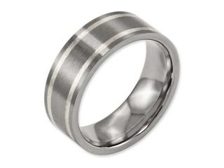 Titanium Sterling Silver Inlay Flat 8mm Brushed And Polished Band, Size 8.5