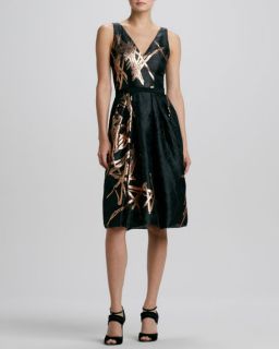 Carolina Herrera Metallic Twig Print Jacquard Dress