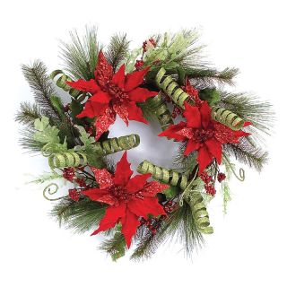 24 in. Poinsettia Wreath with Ribbon   Christmas Wreaths