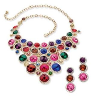 PalmBeach Jewelry 55506 Round Multicolor Lucite and Crystal Necklace and Earrings Set in Gold Tone