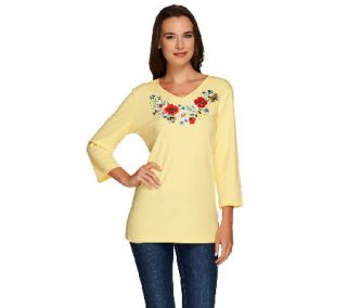 Quacker Factory Embroidered Floral V Neck 3/4 Sleeve T shirt —