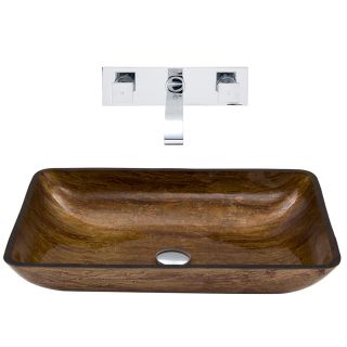 VIGO Vessel Bathroom Sets Brown and Amber Glass Vessel Rectangular Bathroom Sink with Faucet (Drain Included)